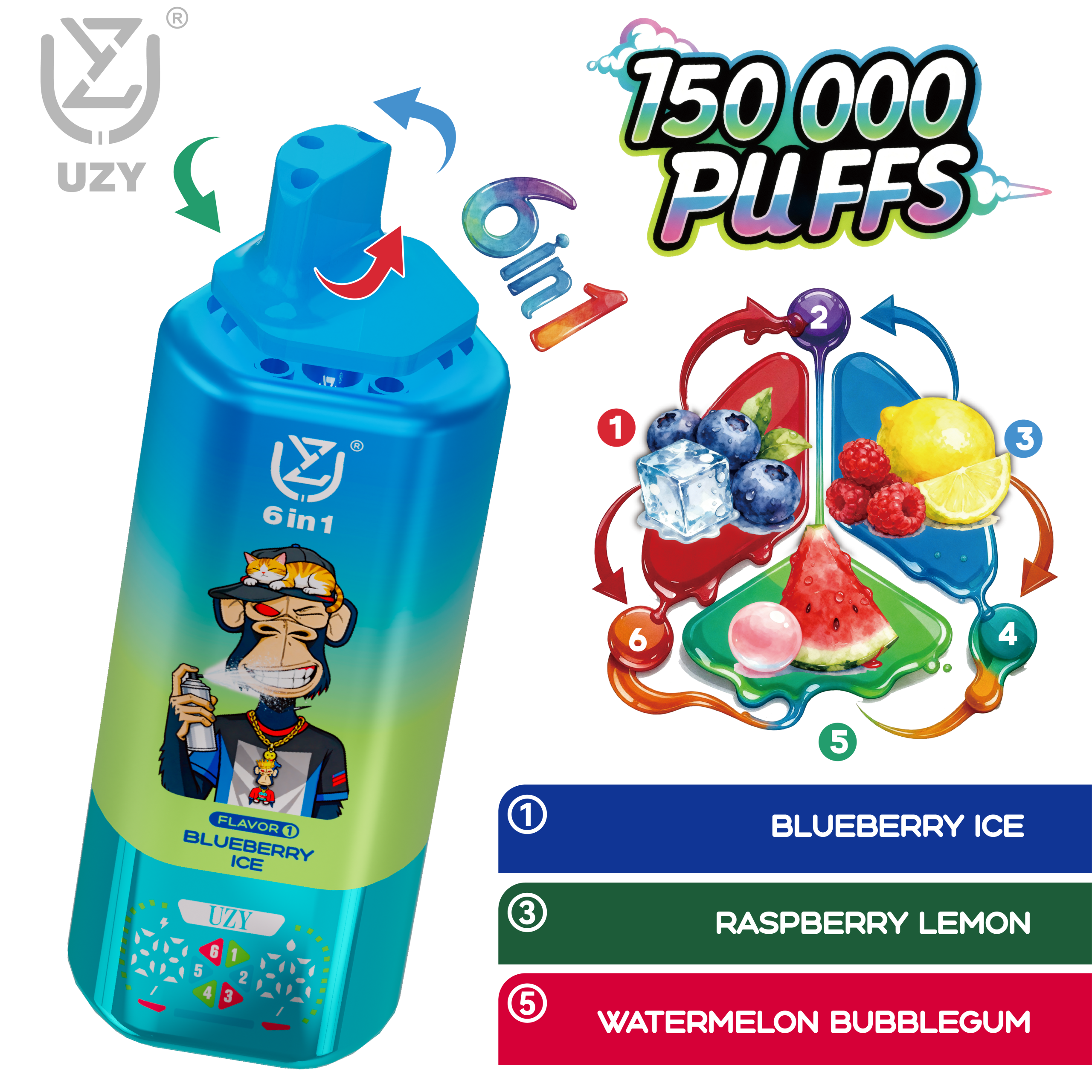 UZY 6 IN 1 150000 Einweg E-Zigarette 64ml 6 Aromen Display