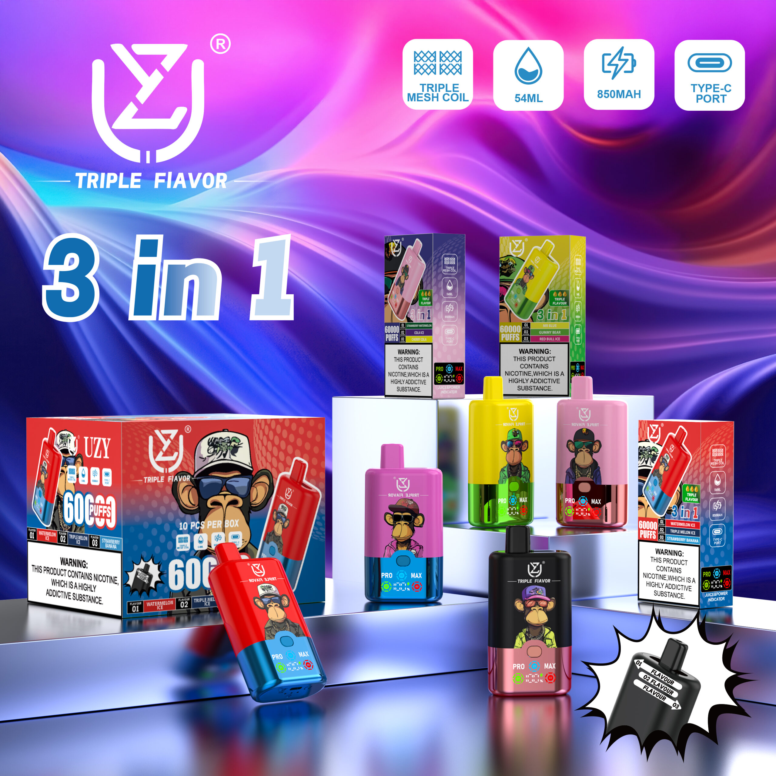 UZY Triple Flavor 60000 Einweg E-Zigarette 54ml 3 Sorten Display