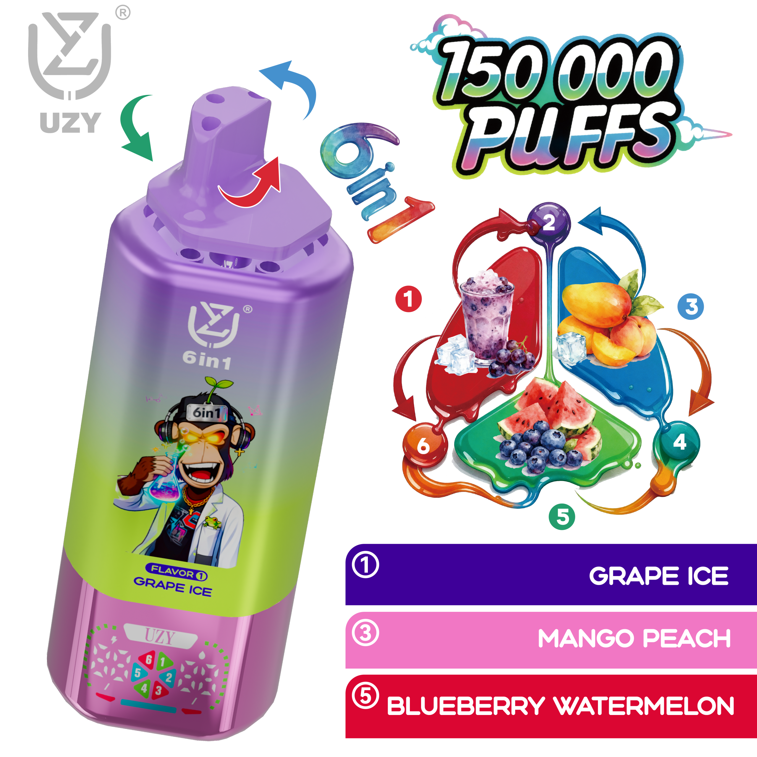 UZY 6 IN 1 150000 Einweg E-Zigarette 64ml 6 Aromen Display